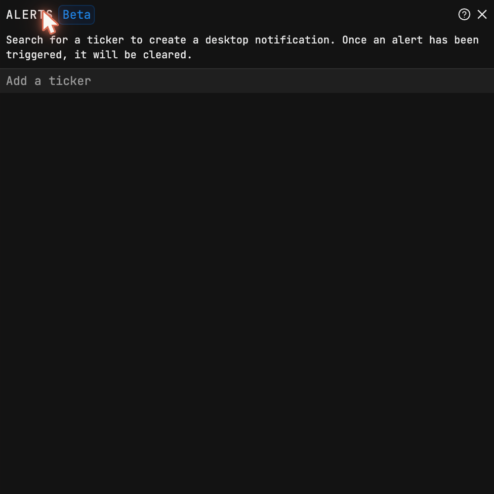 The alerts window, with the product stating its own rule: "Once an alert has been triggered, it will be cleared." One-shot, by design — the single most important sentence on this page.