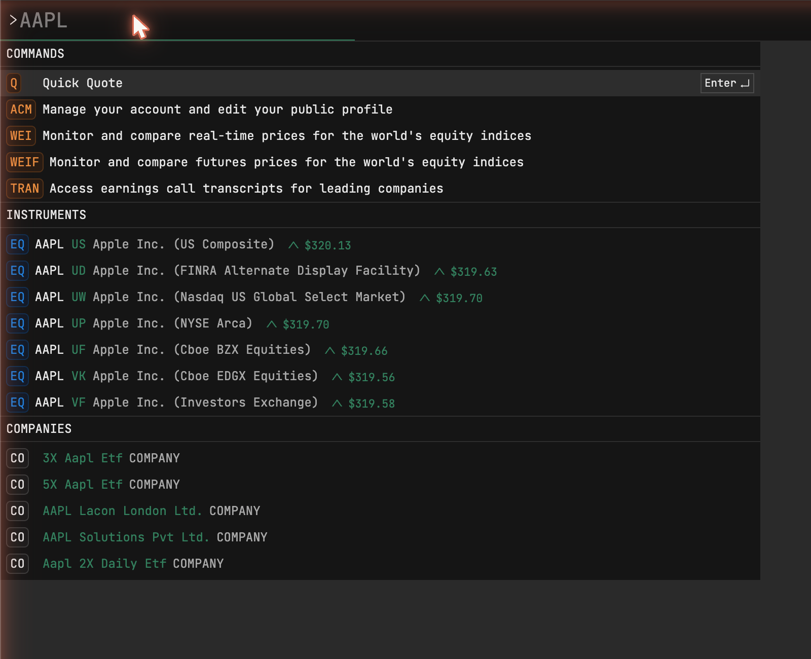 Mid-command: the palette suggesting commands, venue-by-venue listings with live prices, and company records