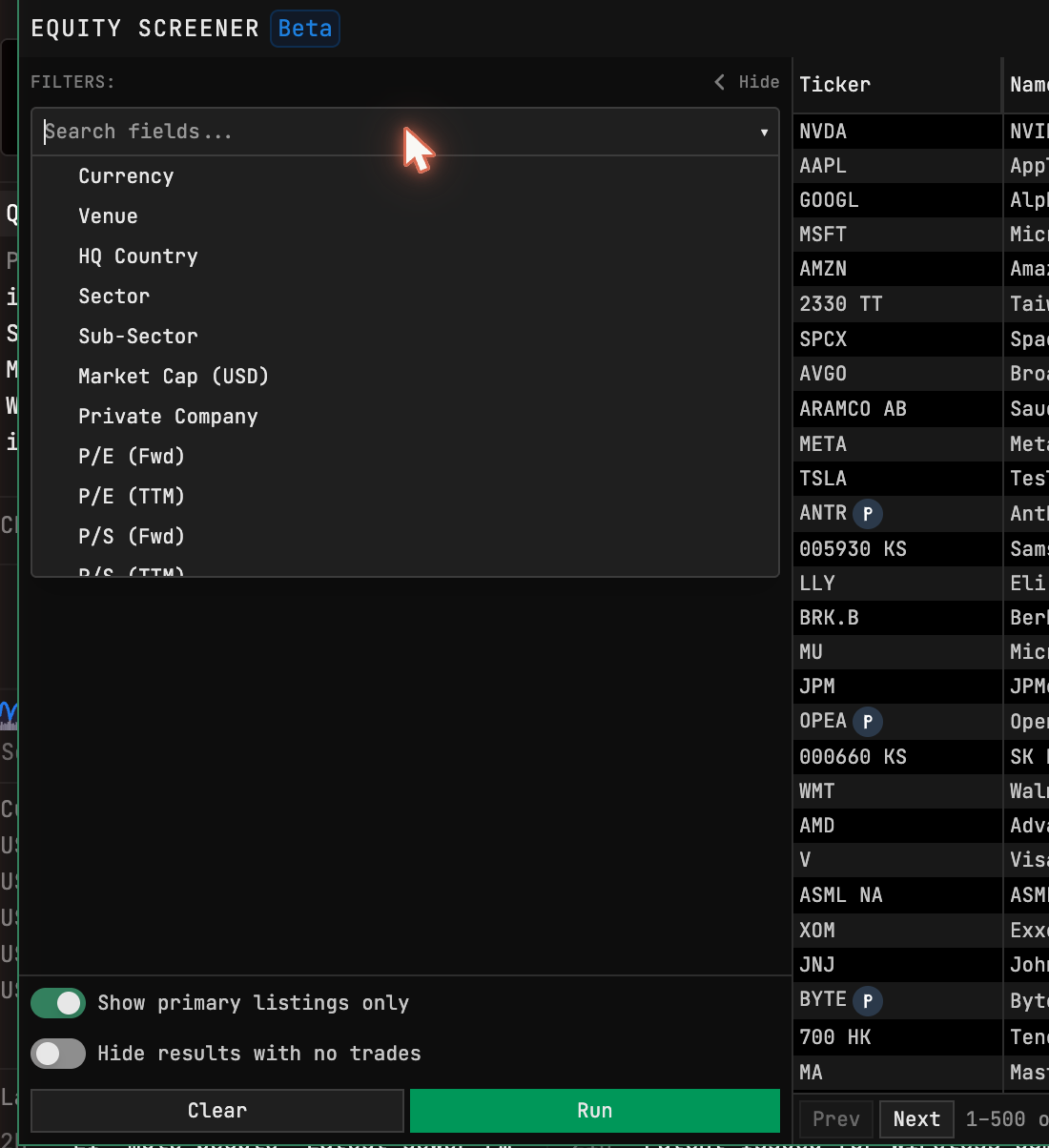 The + Add filter dropdown open: the searchable field list, the two universe toggles, and the Clear / Run buttons